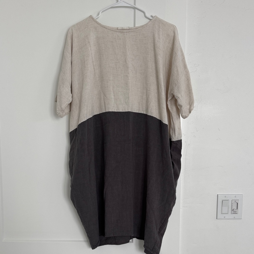 Roolee Two-Tone Linen Midi Dress in Cream and Dark Gray